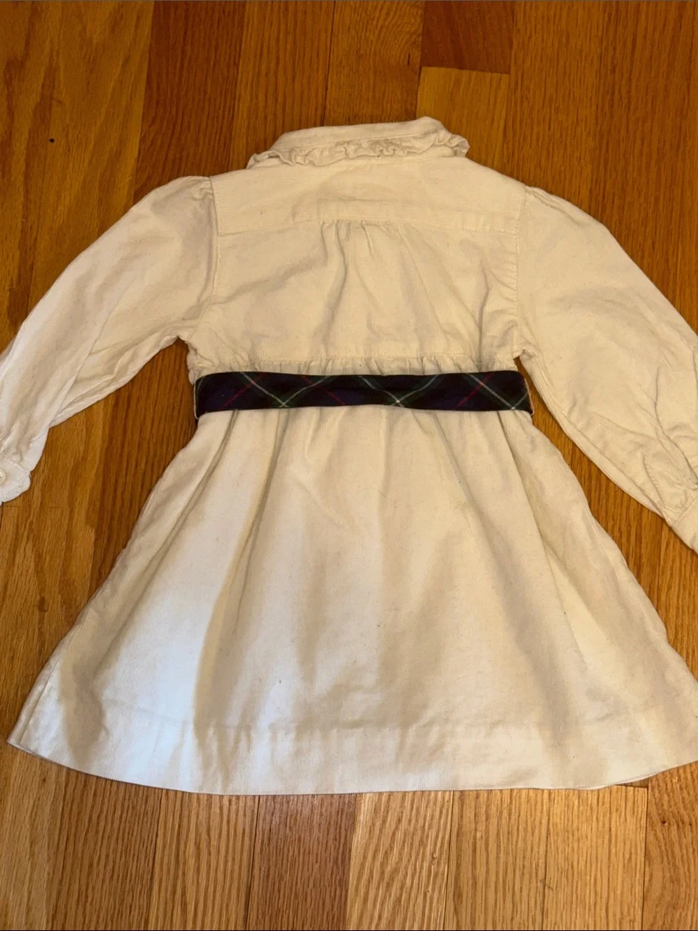 🐎 Ralph Lauren Cream Ruffle Collar Shirt Dress with Plaid Belt 6 months
